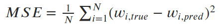 MSE等于1 / N乘以从i = 1到N w- i差的平方的和,true and w-subscript-i,pred.