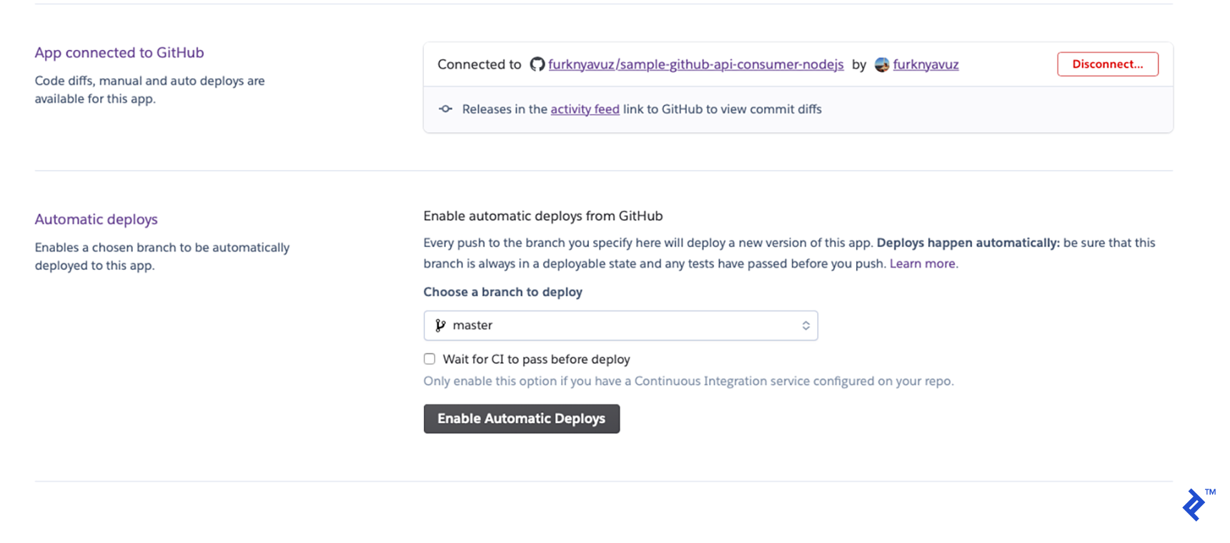 Enabling automatic deploys in Heroku.