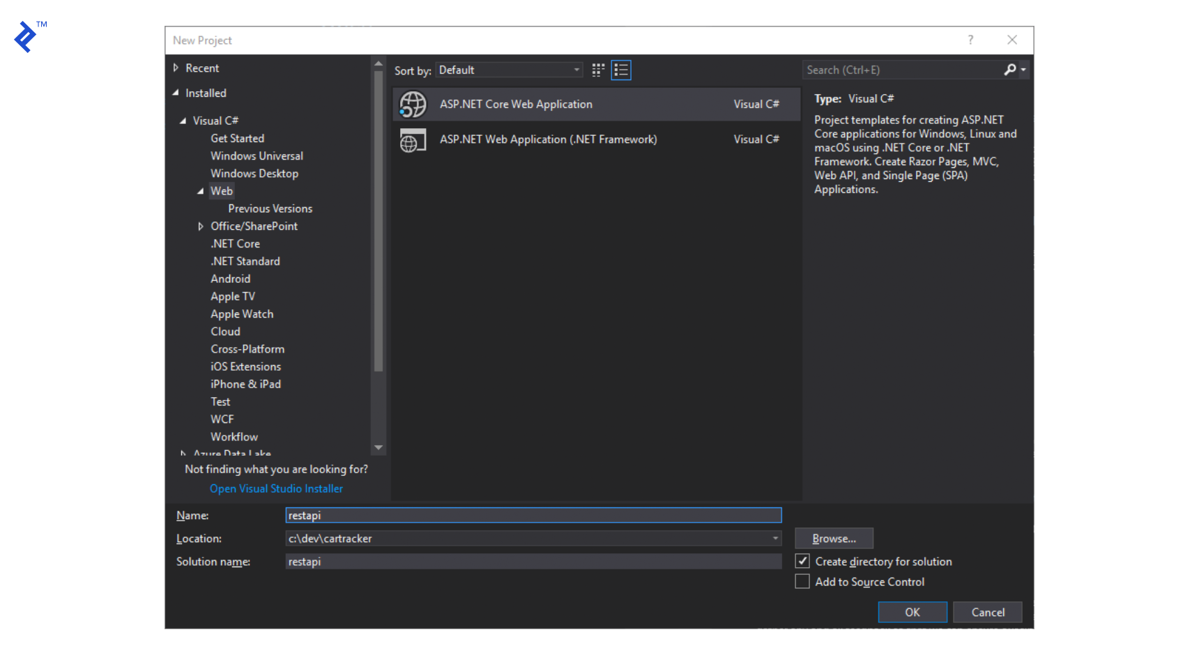 wpf reactiveui: New visual studio ASP.NET Core web application