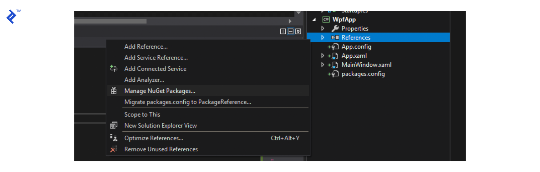 步骤1:右键单击WPF项目的References部分,然后单击Manage NuGet Packages.