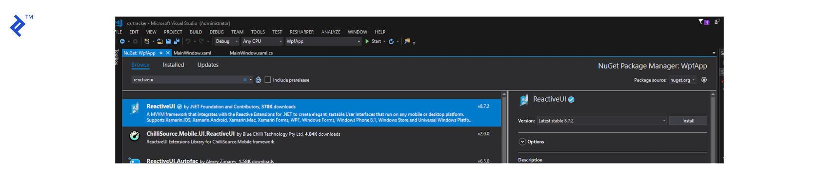 Step 2: On the Browse tab, search for `reactiveui`, click install, search for `reactiveui-wpf`, click install, and lastly, search for `refit` and click install.