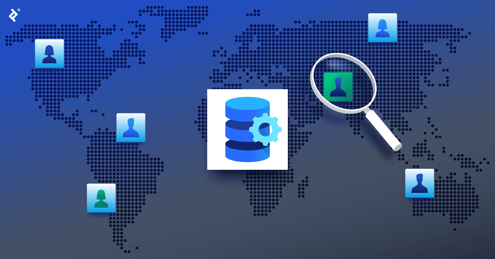 The data engineering symbol over a global map, with blue developer icons in various locations and a magnifying glass over a green developer icon.