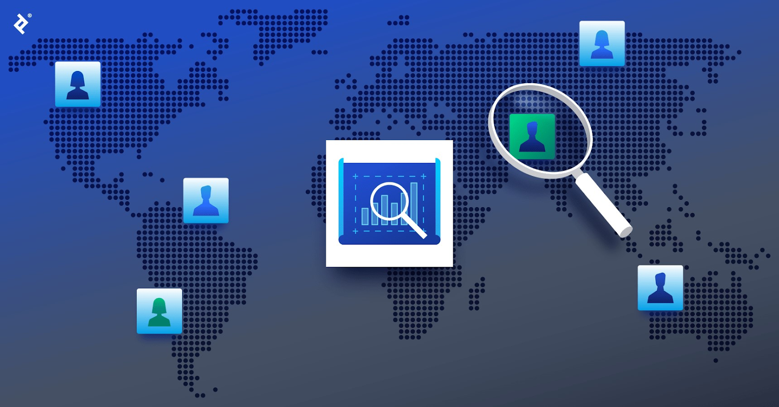 A magnifying glass hovers over a bar chart, which floats over a global map, with blue consultant icons and another magnifying glass over a green icon.