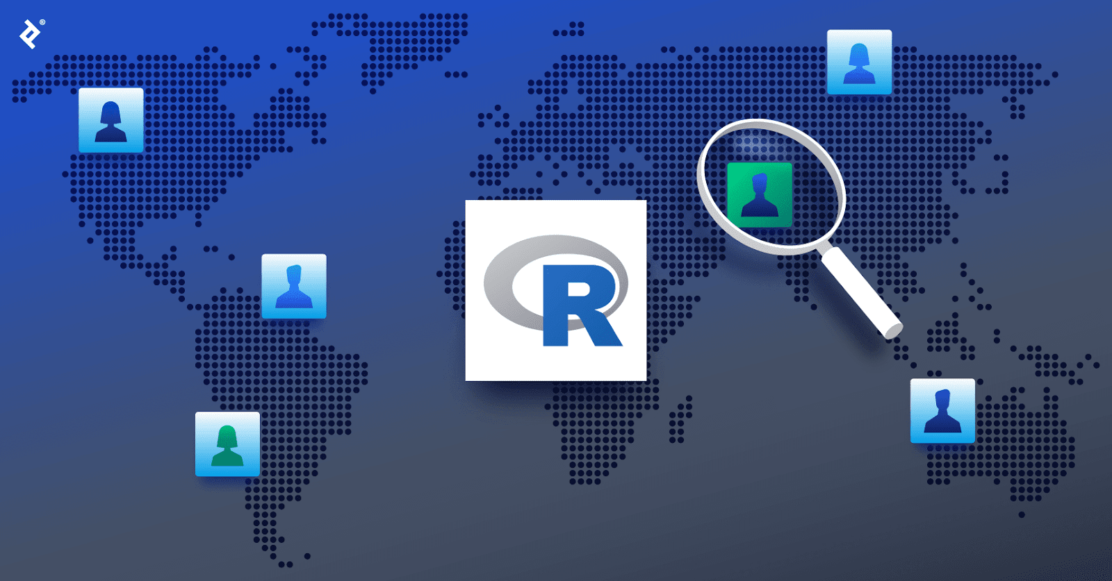 The R logo over a global map, with blue developer icons in various locations and a magnifying glass over a green developer icon.
