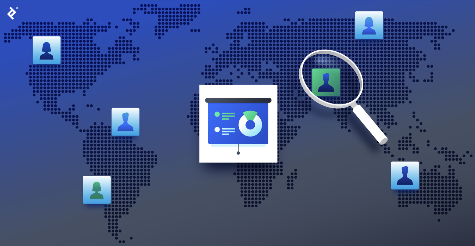 A slide from a pitch deck displayed over a global map, with blue management consultant icons in various locations and a magnifying glass over a green management consultant icon.