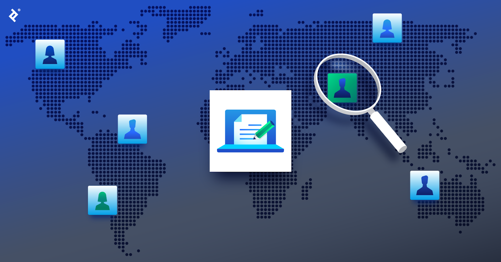 A laptop displayed over a global map, with blue copywriter icons in various locations and a magnifying glass over a green copywriter icon.