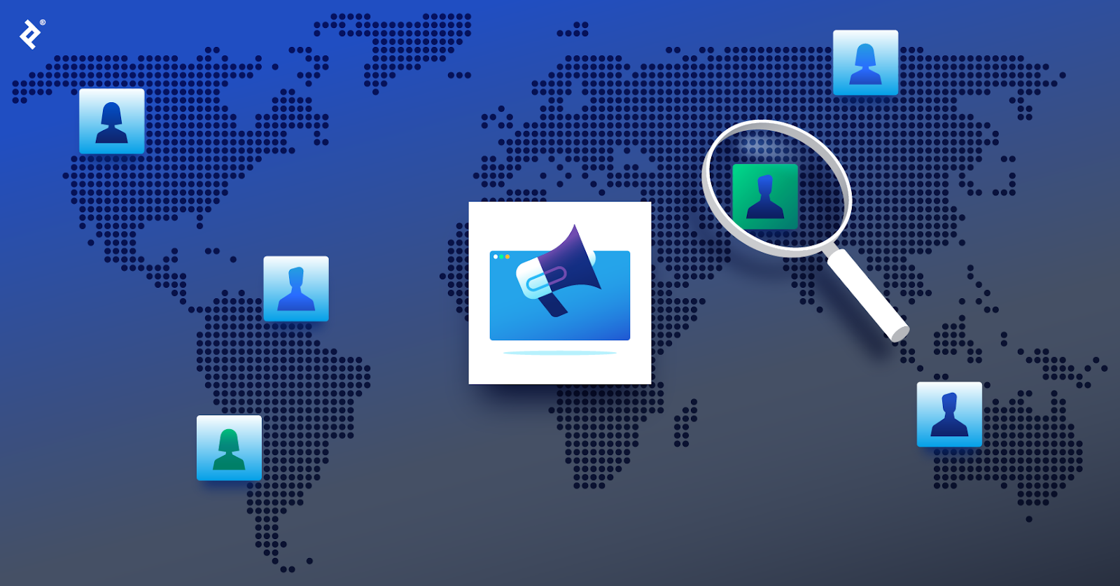 A digital marketing symbol over a global map, with blue marketer icons in various locations and a magnifying glass over a green marketer icon.