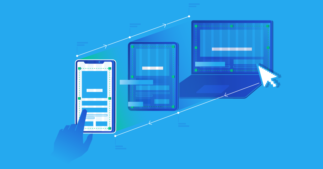 Multiple device screens showing responsive e-commerce website design adapting from desktop to tablet to mobile phone