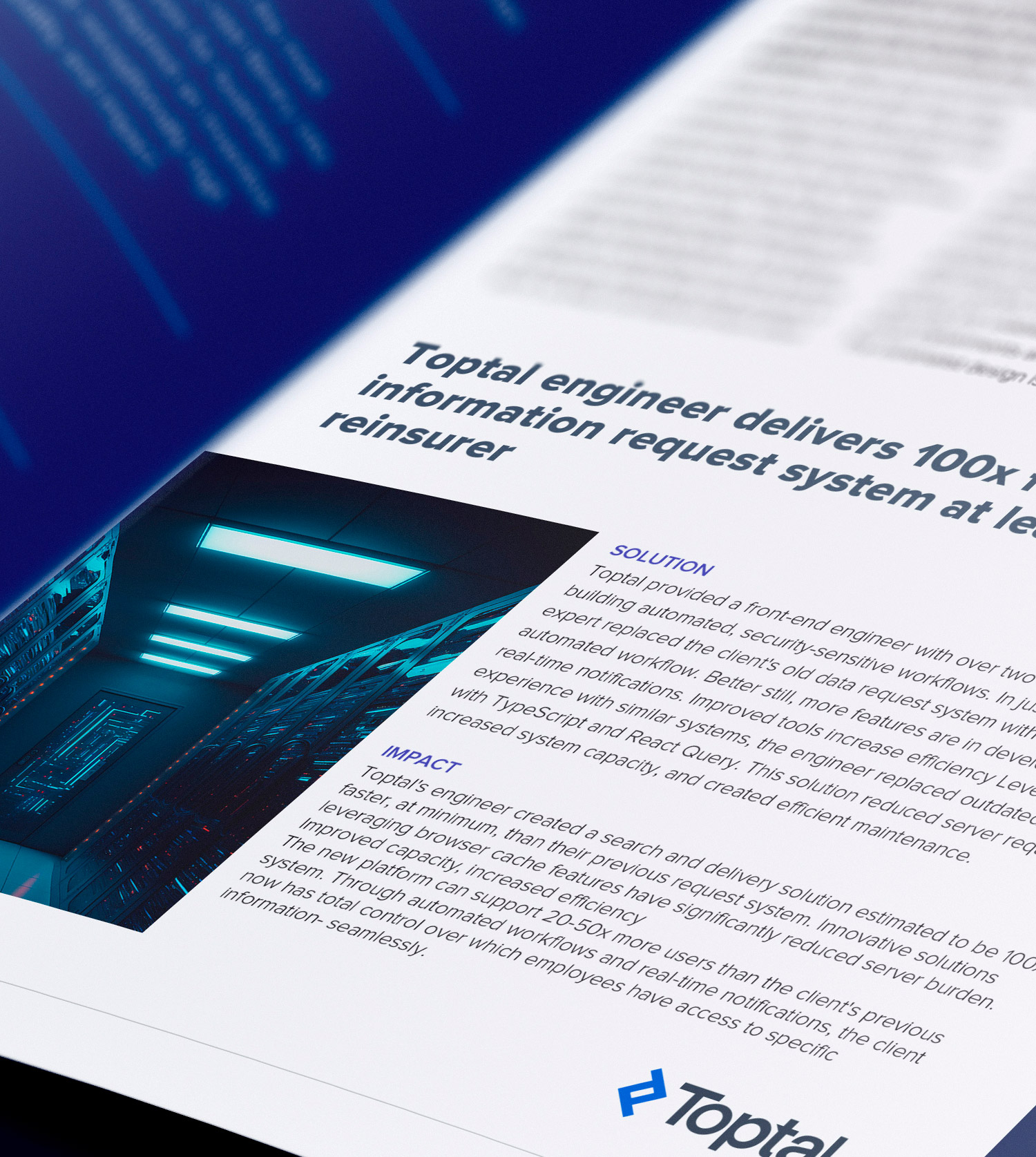 Toptal front-end engineer delivers 100x faster searches for information request system at leading global reinsurer.