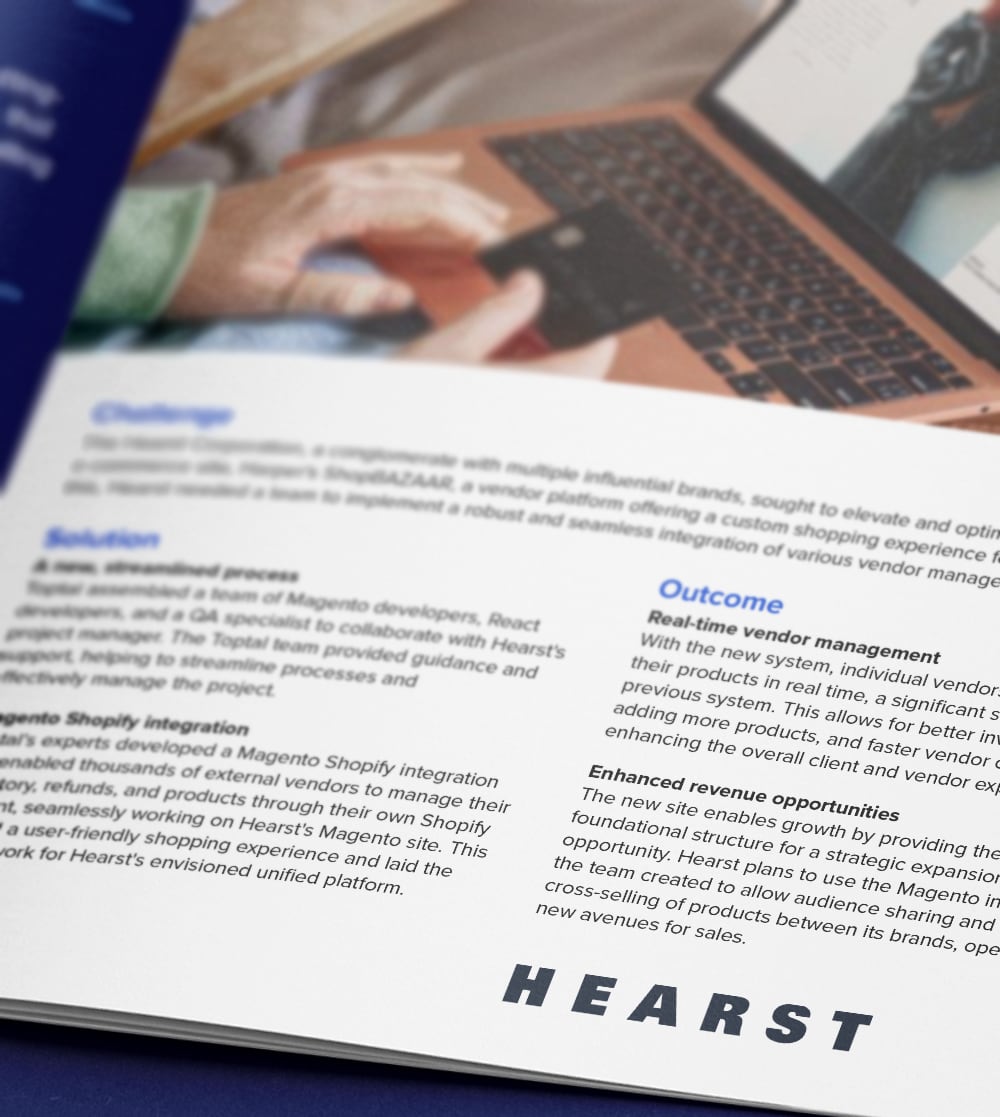 Toptal powers Magento integration for Hearst’s Harper’s Bazaar, enhancing e-commerce operations.