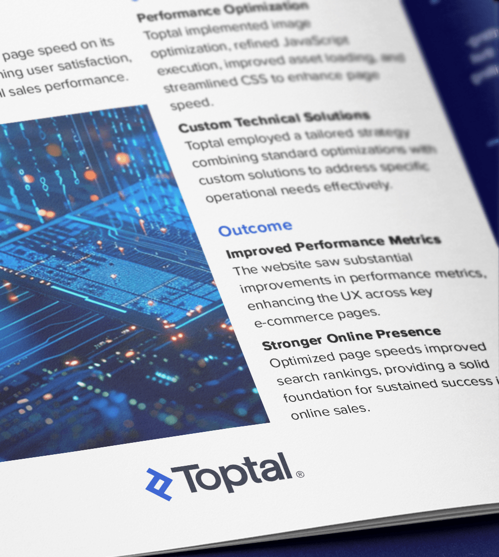 Toptal helps automotive parts manufacturer boost e-commerce performance with expert Big Commerce developer support.