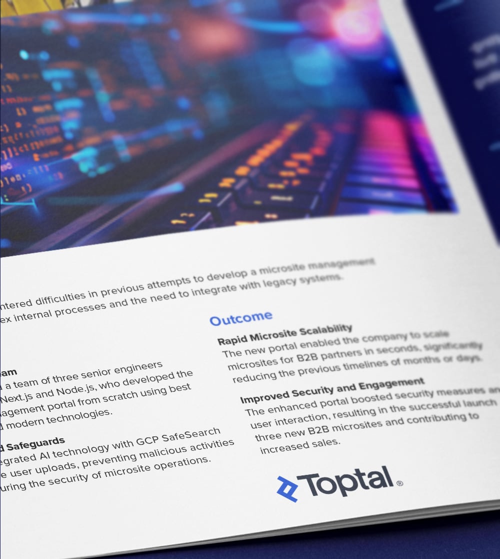 Toptal Next.js developers enhance B2B microsite management for Fortune 500 CPG leader.