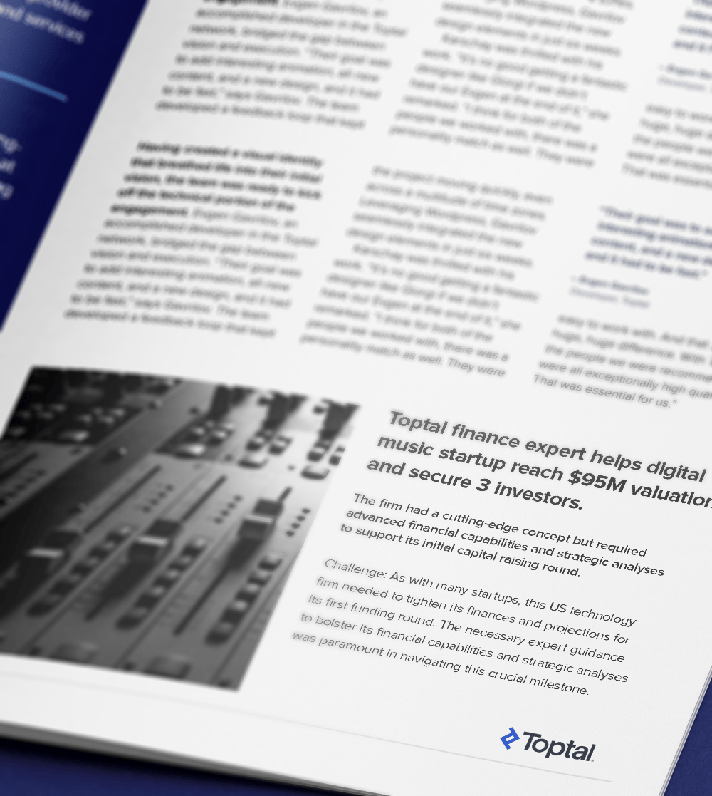 Toptal helps digital music startup reach $95M valuation and secure 3 investors.