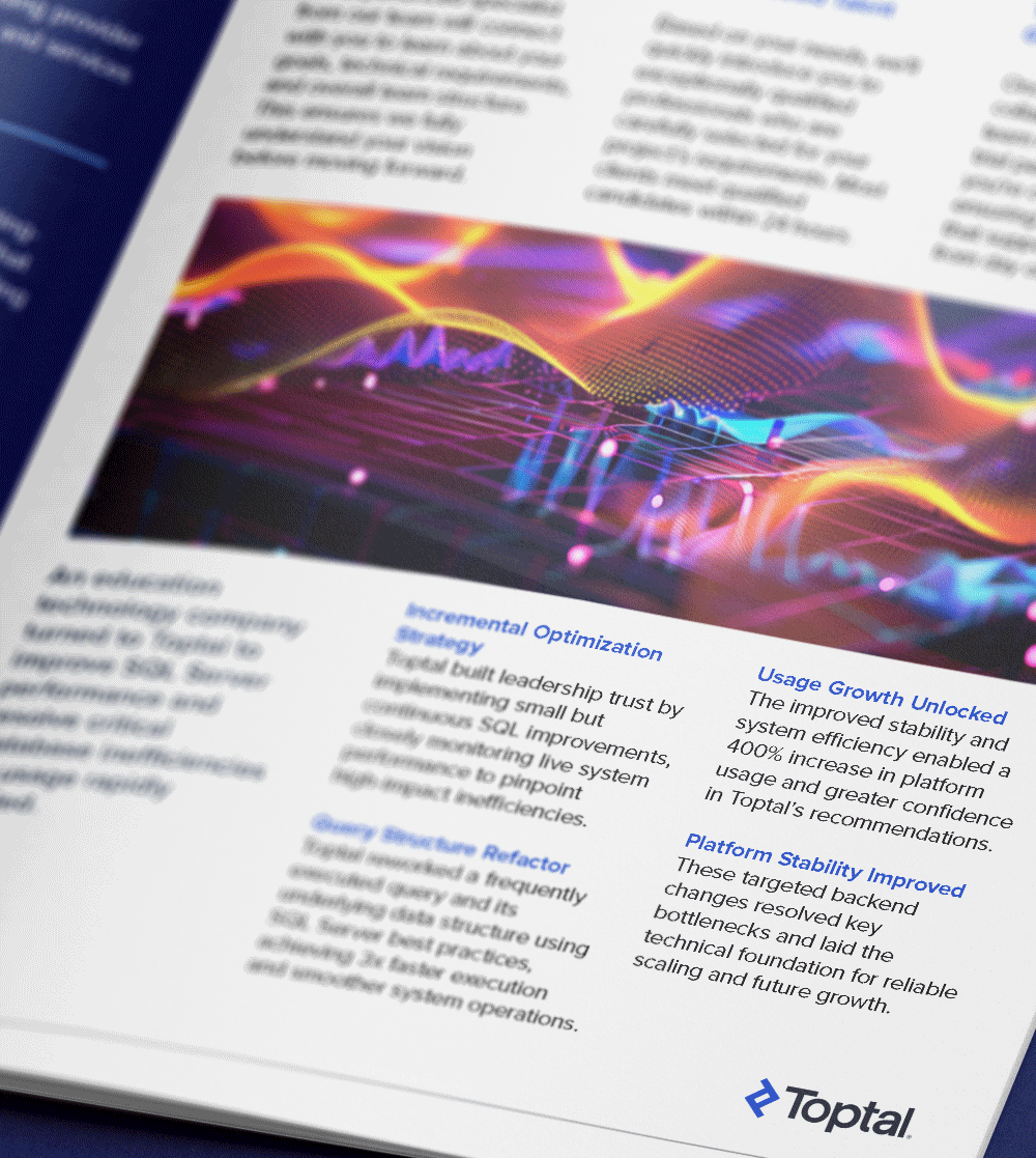 Toptal drives 400% increase in platform usage by optimizing SQL Server performance for an education technology company.