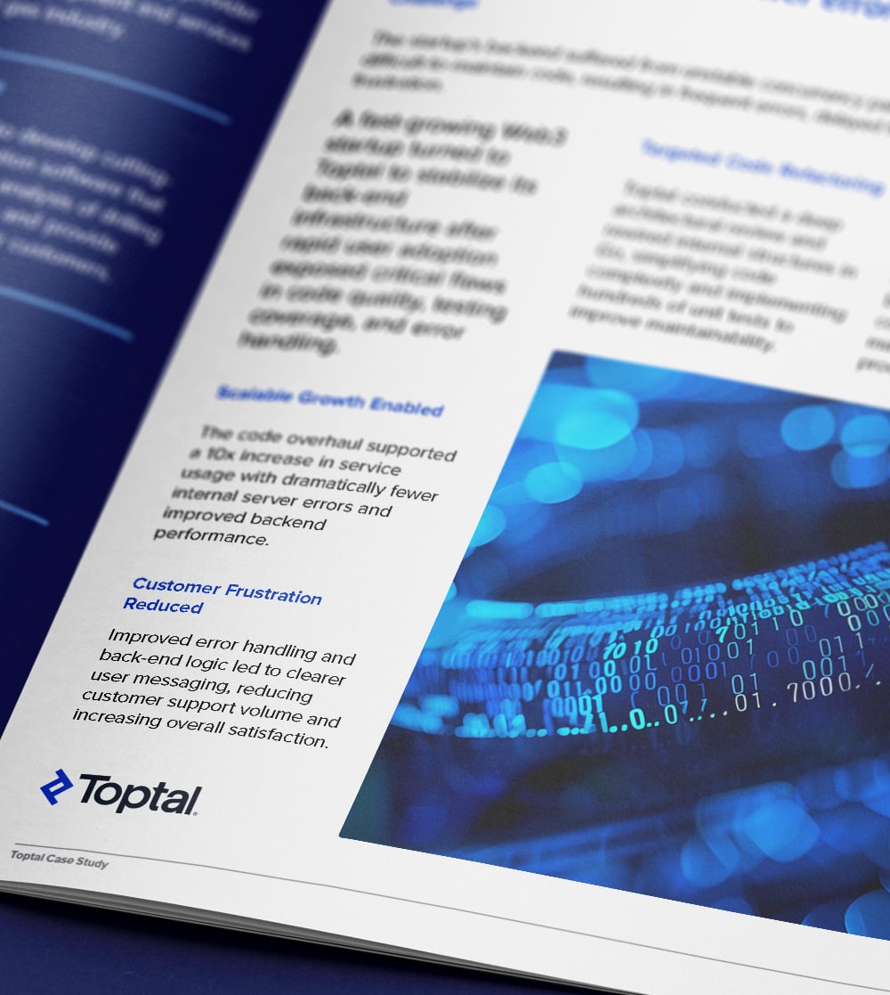 Toptal stabilizes Web3 startup backend, enabling 10x growth with fewer errors.
