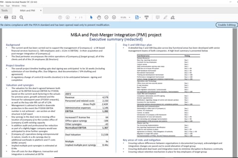 M&A Strategy and Post-merger Integration (PMI) Planning project