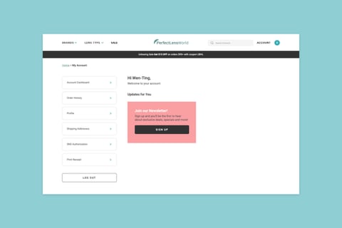 PerfectLensWorld - Account Page for eCommerce Site project