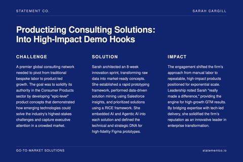Productizing Consulting Solutions: Into High Impact Demo Hooks project