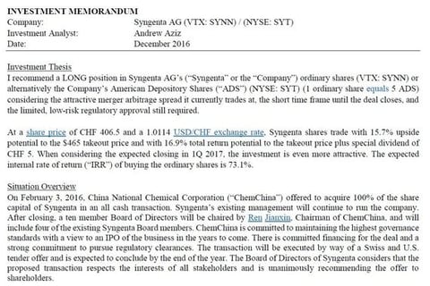 Merger Arbitrage Investment Memorandum project