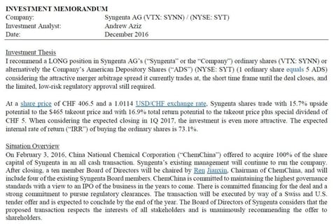 Merger Arbitrage Investment Memorandum project