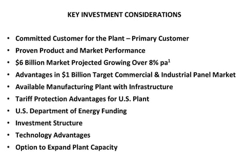 Business Plan for a $150 Million U.S. Solar Panel Manufacturing Joint Venture project
