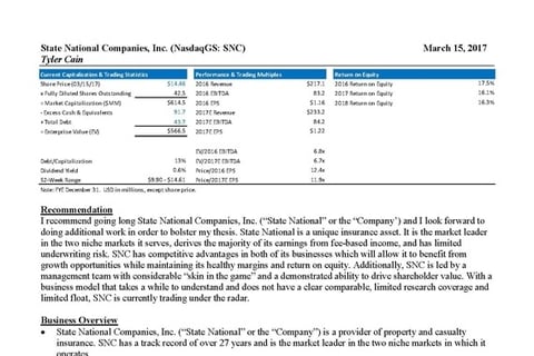 State National Companies, Inc. (SNC) Investment Recommendation project
