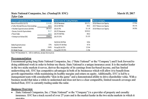 State National Companies, Inc. (SNC) Investment Recommendation project