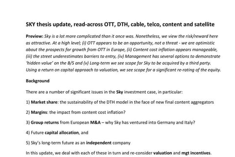 Buy-side Research: Sky (Pay TV) Case Study project