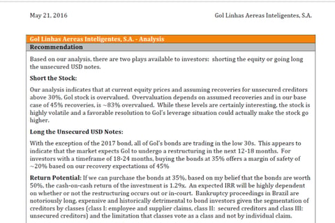 Gol Linhas Aereas S.A. ("Gol") Investment Analysis project