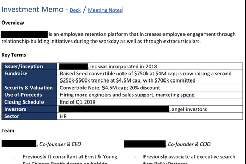 Early-Stage Company Due Diligence project