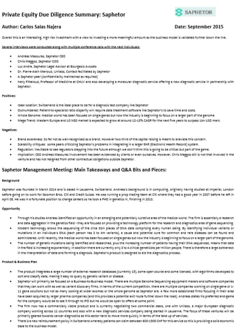Private Equity Valuation: Saphetor project