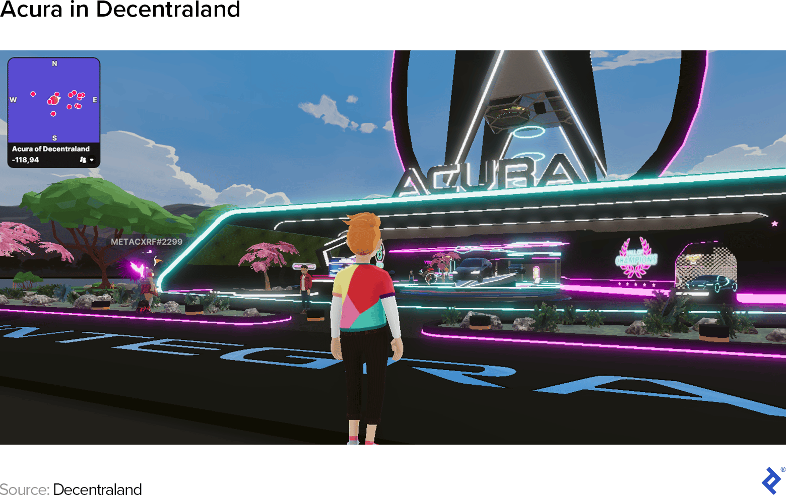 A screenshot of Acura's virtual showroom on the metaverse platform Decentraland. The bold visuals---of a user avatar, tarmac, and neon-lit showroom complete with images of cars---are relatively sophisticated compared to many other current metaverse spaces.)