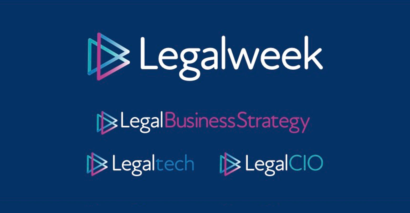 The new logo and logotype designs for Legalweek and associated domains. The logo consists of interconnected triangles with different blends of blue and pink.