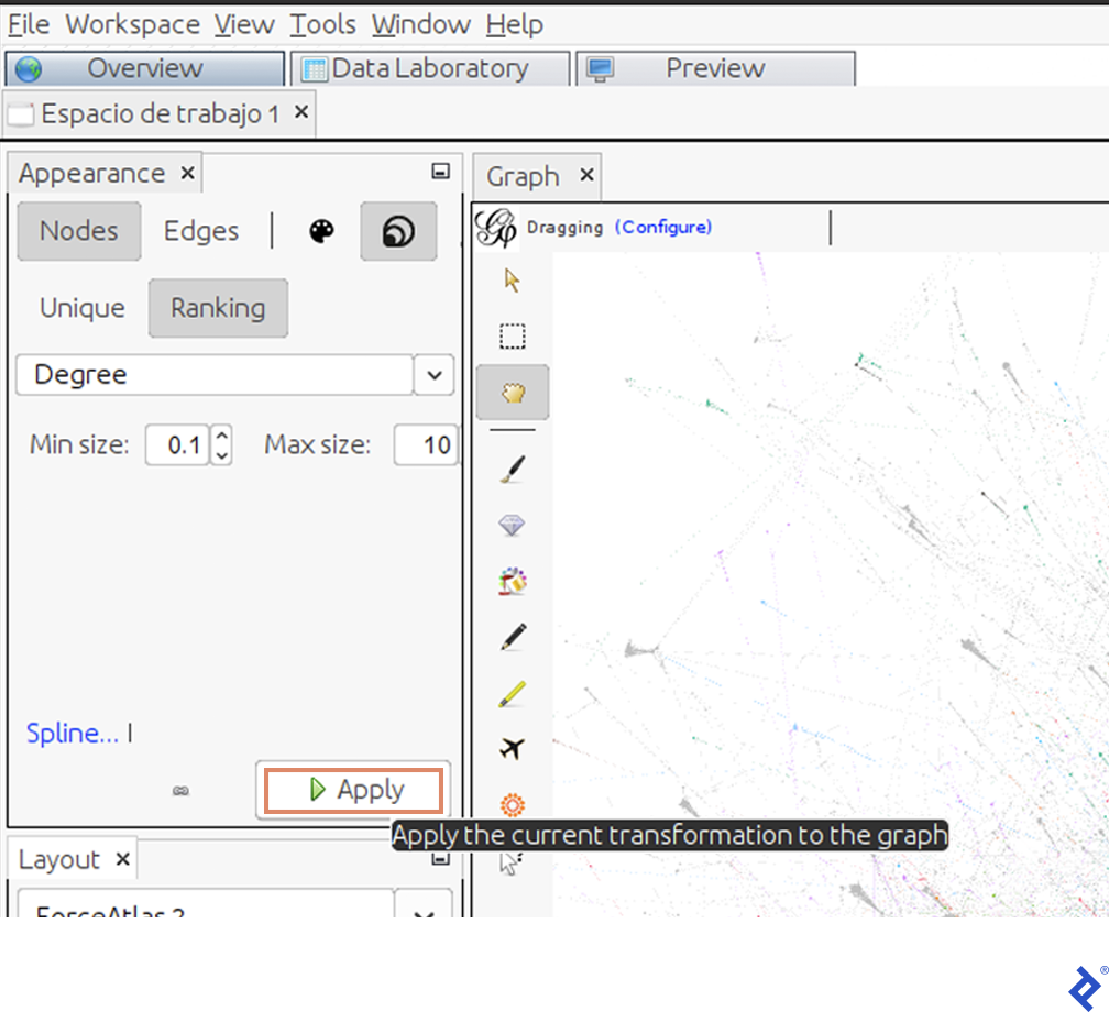 A screenshot showing how to change the Degree property in Gephi, under the same Appearance tab mentioned in the previous figures. The minimum size is set to 0.1 and the maximum size is set to 10.