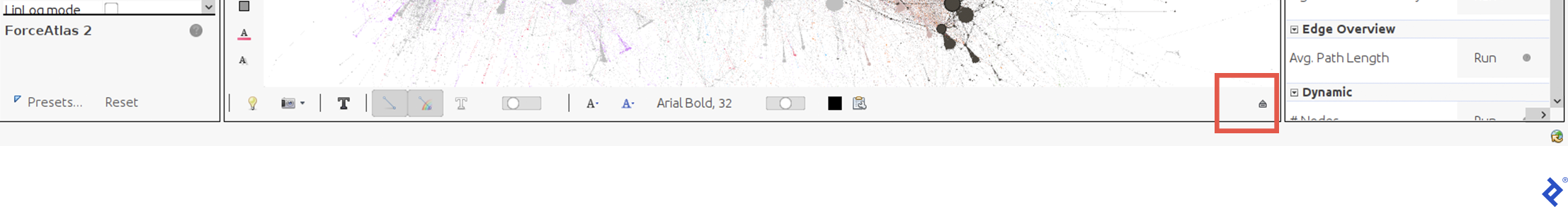 A screenshot of the Gephi workspace, showing the black arrow in the lower-right corner of the UI.