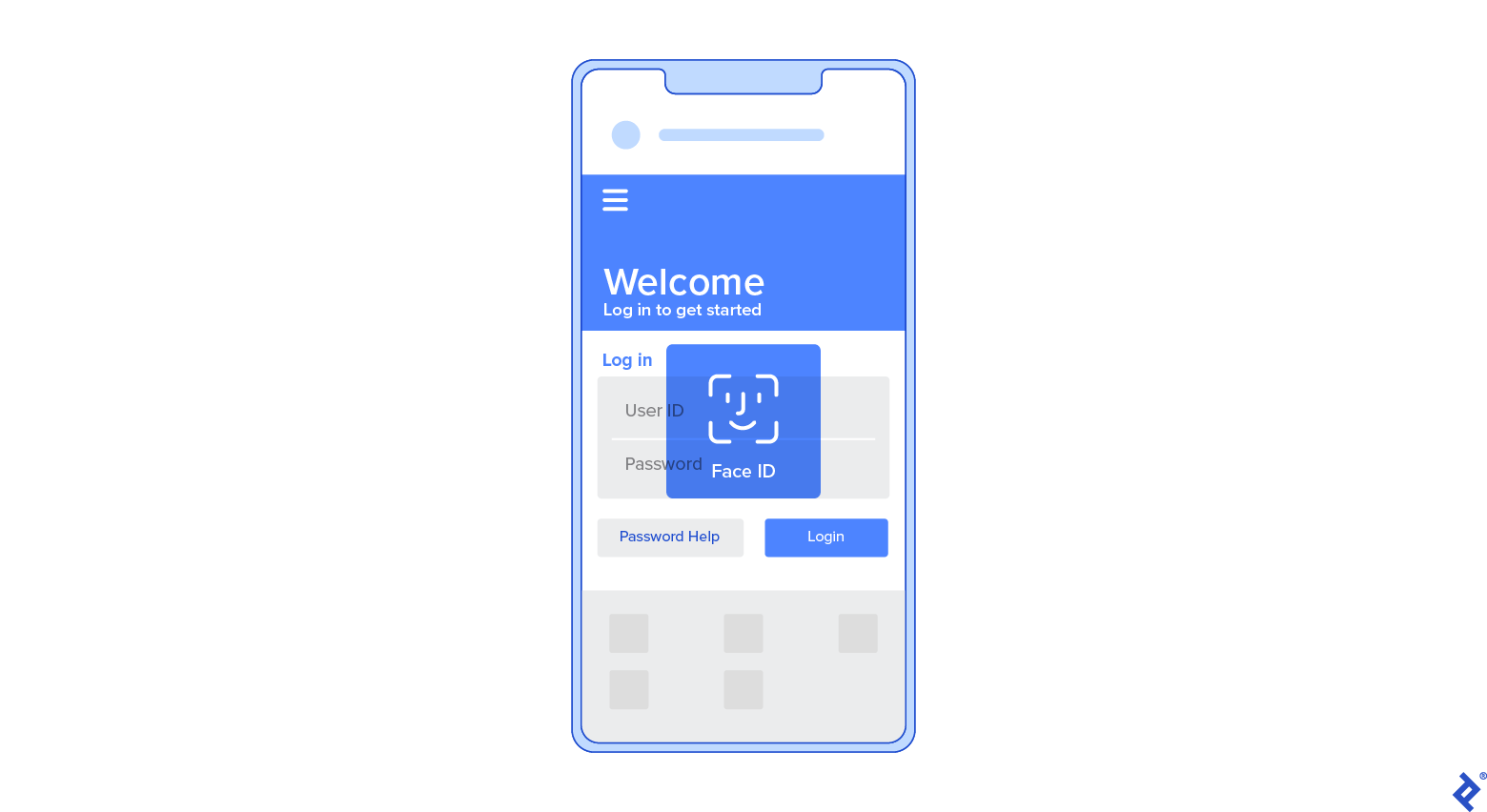 An illustration depicts the sign-in screen of an app on a smartphone. The text reads, “Welcome. Log in to get started.” Below that are fields for users to enter their IDs and passwords, as well as buttons to complete the login process or get password help. An overlay of the Face ID feature shows the outline of a face within a frame.