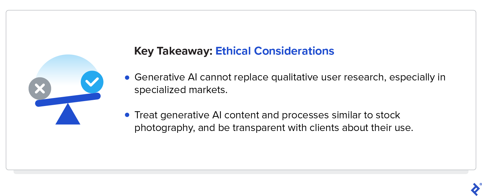 A key takeaway about ethical considerations includes that designers should be transparent with clients about their use of AI.