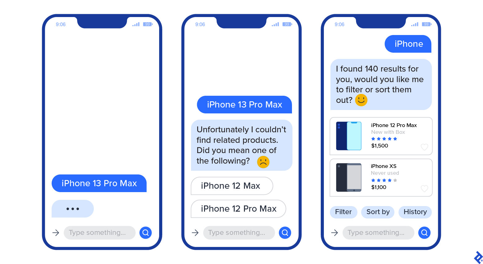 Three mobile screens show the chatbot’s conversational tone and an ellipsis, which is familiar in casual messaging.