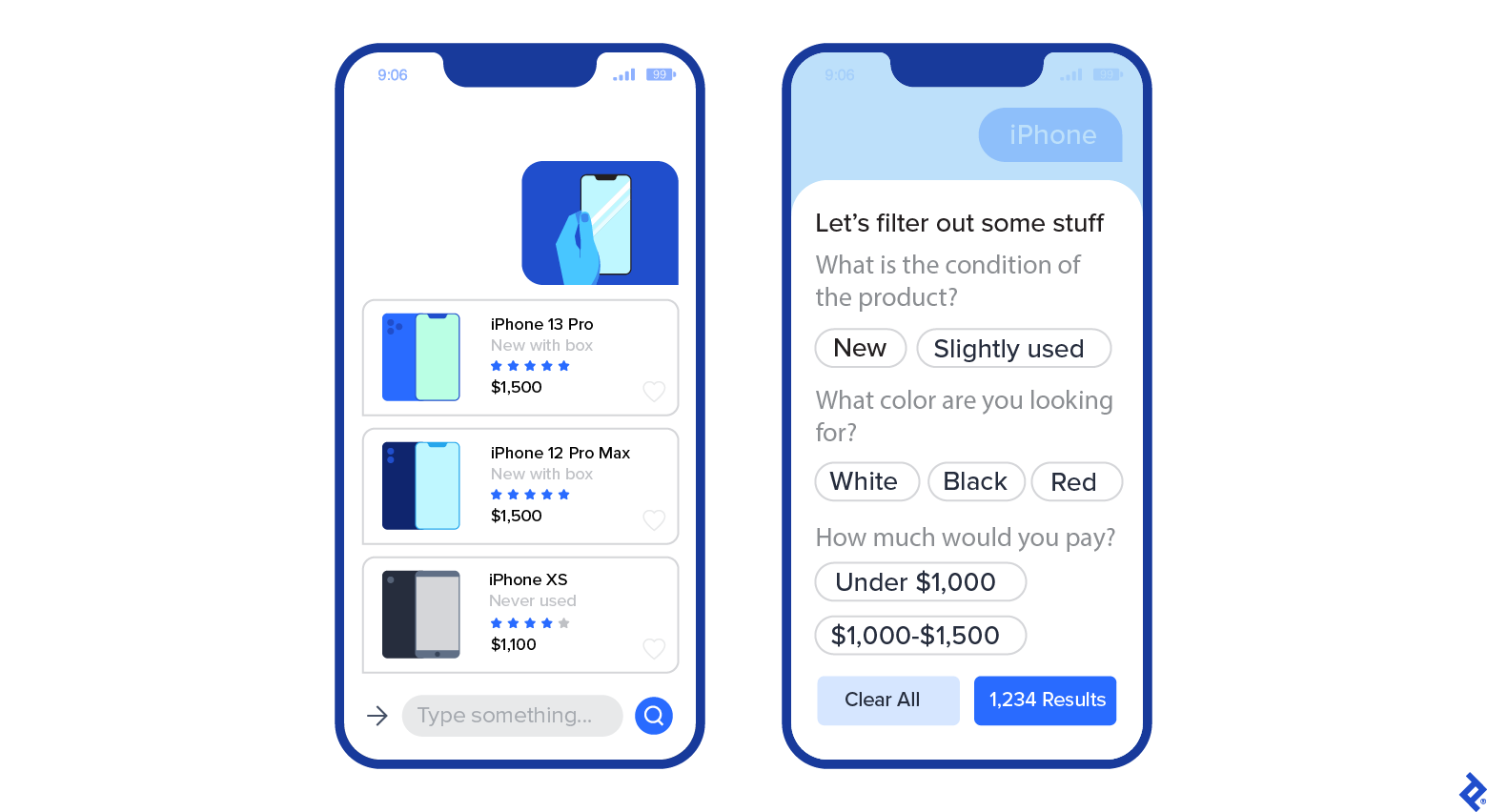 Two mobile screens show how the filtering process could mimic a store sales associate by using text such as, “What color are you looking for?”