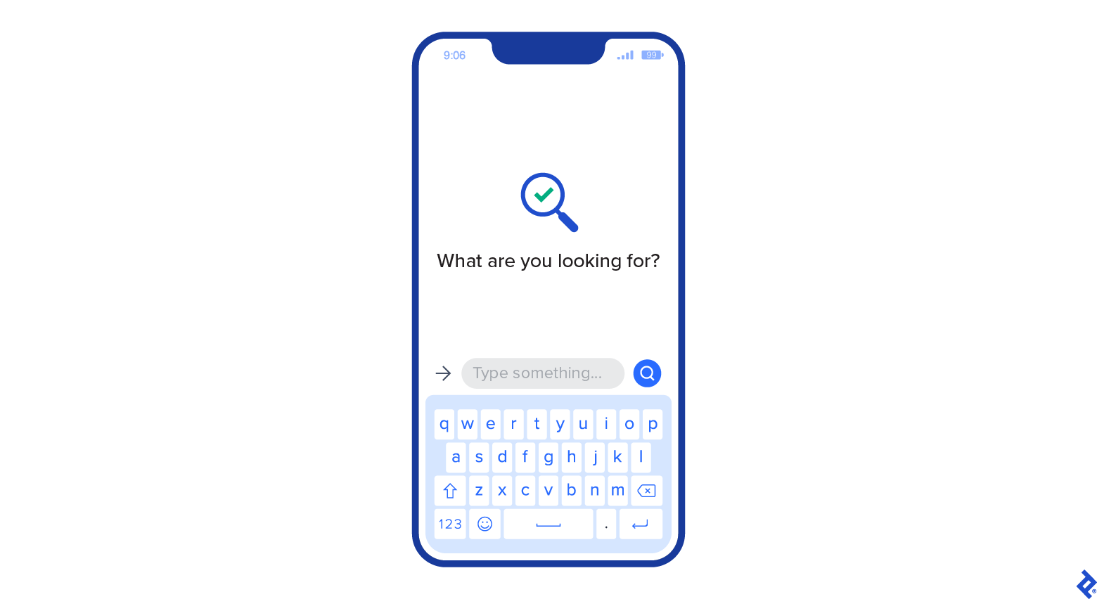 A search page on a mobile screen shows a conversational chatbot asking the user, “What are you looking for?” with a magnifying glass icon.