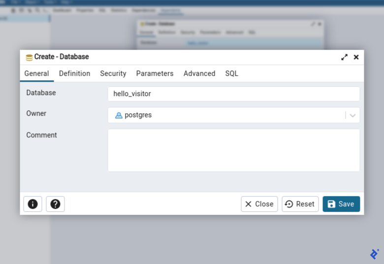 A pgAdmin4 screen within a browser showing the General tab in a Create Database dialog. The database text field contains the value hello_visitor, the owner field displays the postgres user, and the comment field is blank.