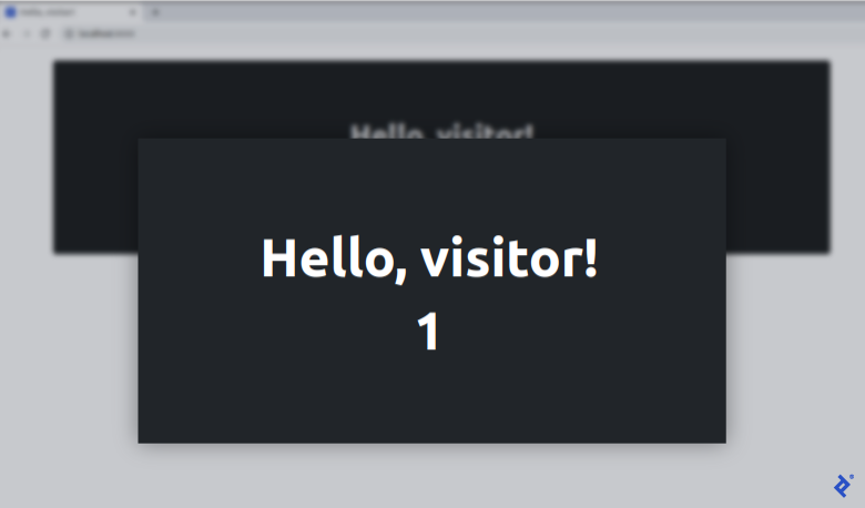 A browser window showing the main screen of our pydantic Django application, which says, "Hello, visitor!" on one line and "1" on the next.