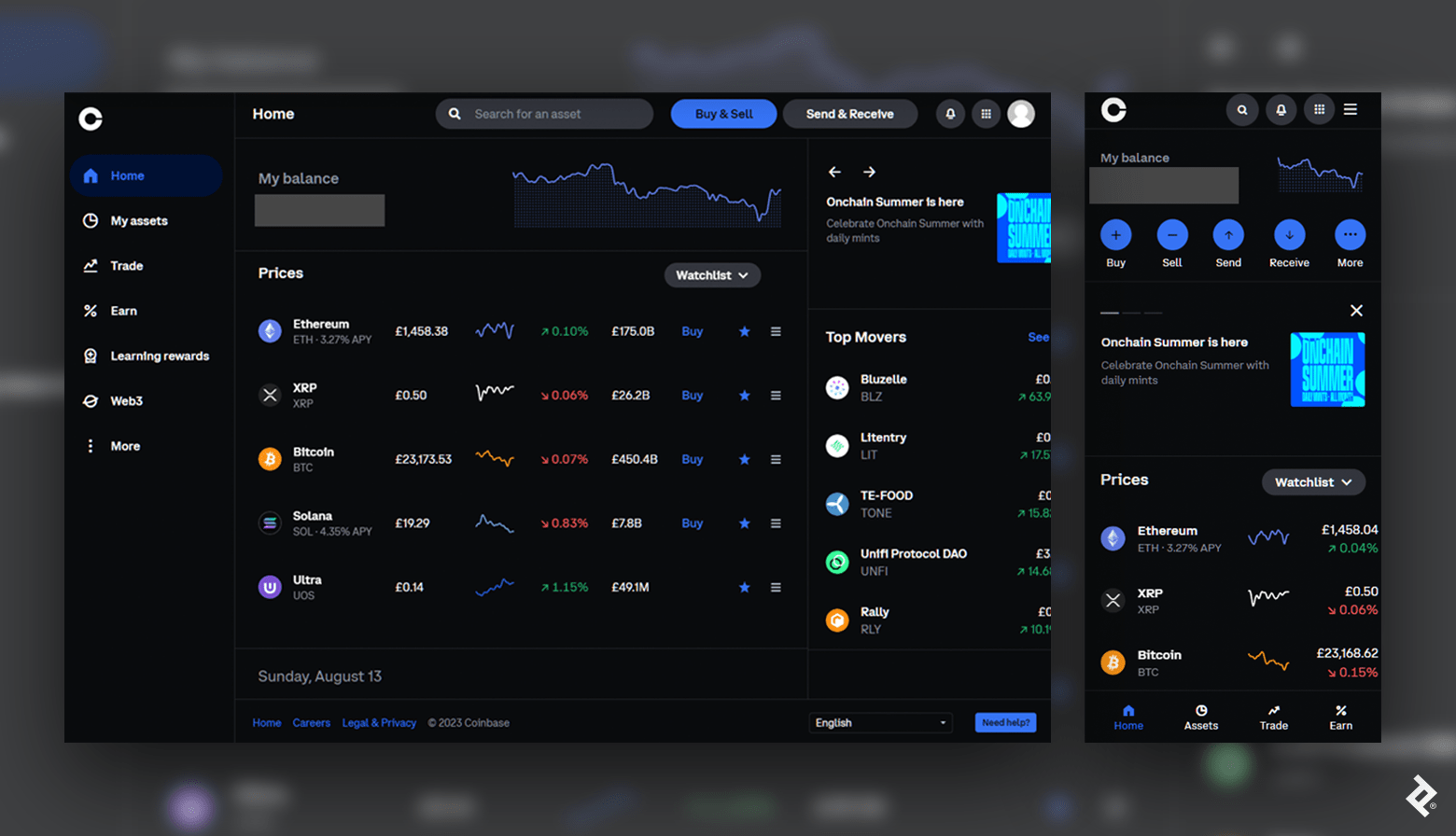 A side-by-side comparison of desktop and mobile app dashboard designs highlights effective components such as hamburger menus and button spacing.