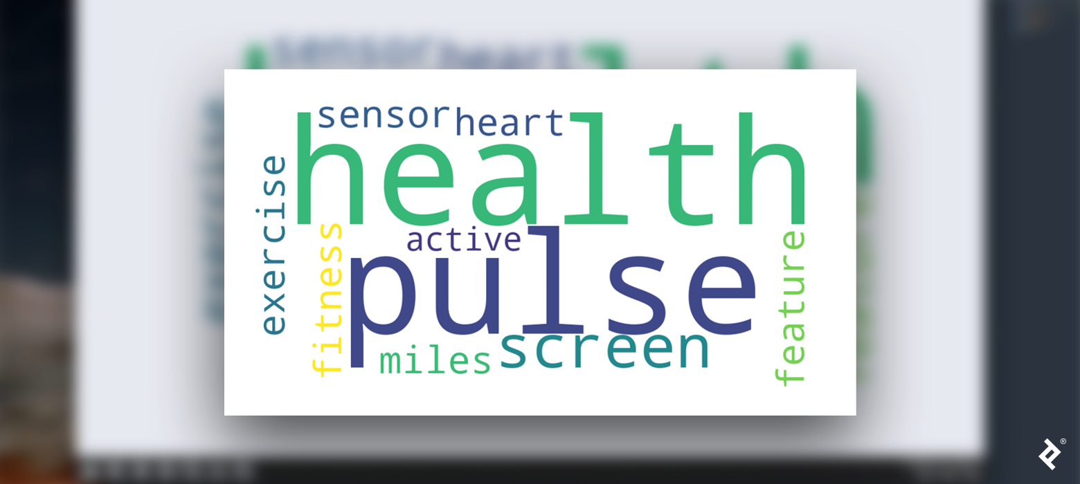 A word cloud with various words, from largest to smallest: health, pulse, screen, sensor, fitness, exercise, miles, feature, heart, active.