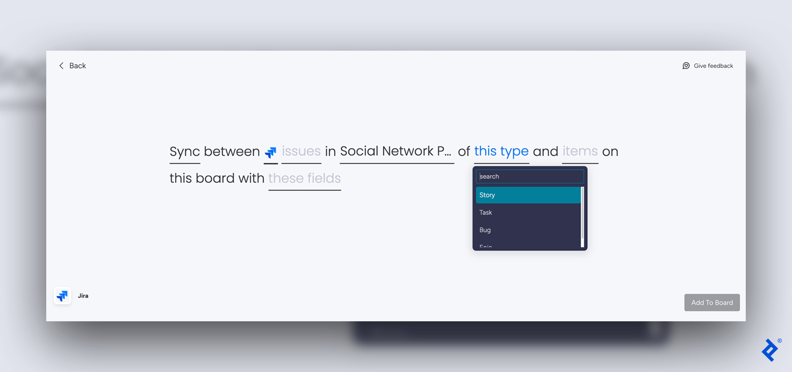 The drop-down menu that appears when selecting the Jira issue type to sync. Users can choose: task, story, bug, or epic.