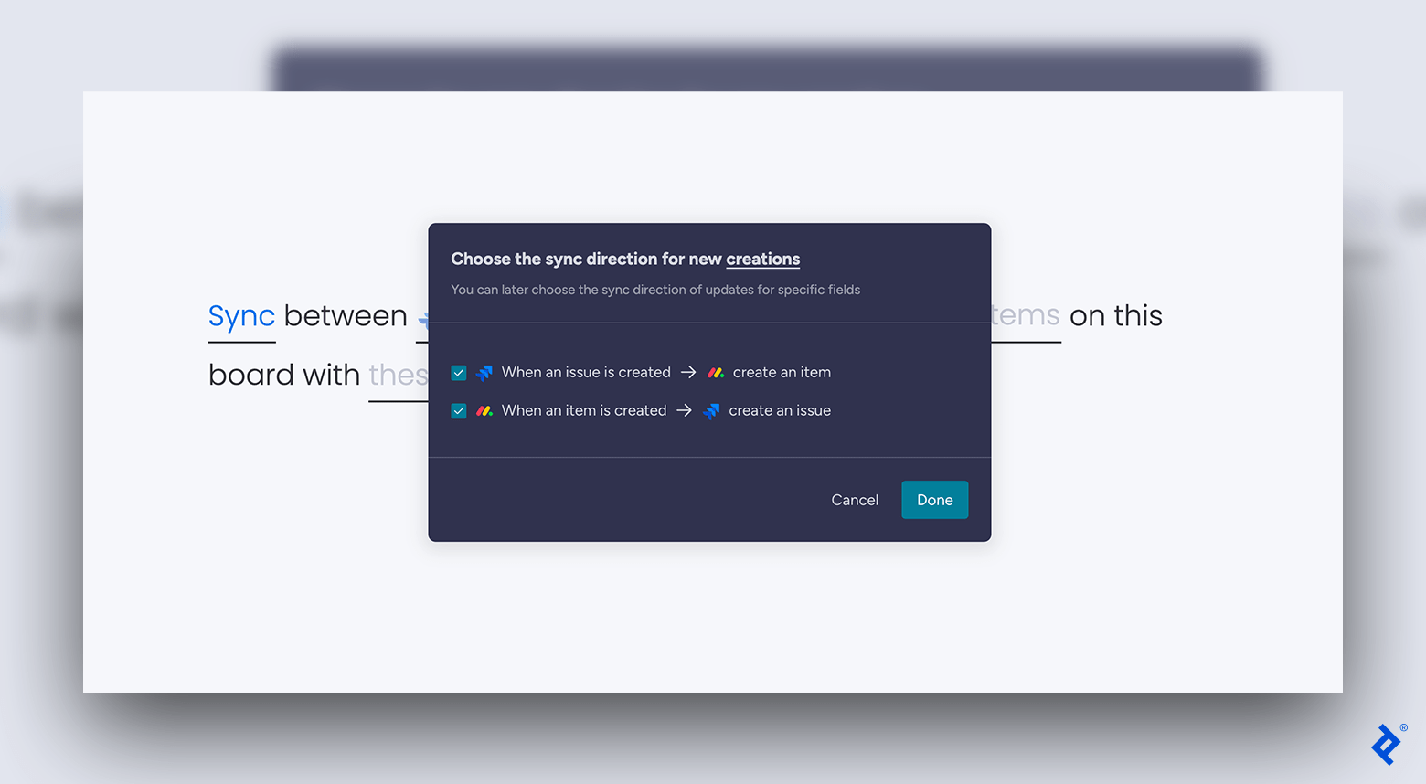 Monday.com’s two-way synchronization option allows users to tick two boxes to ensure new creations flow in both directions.