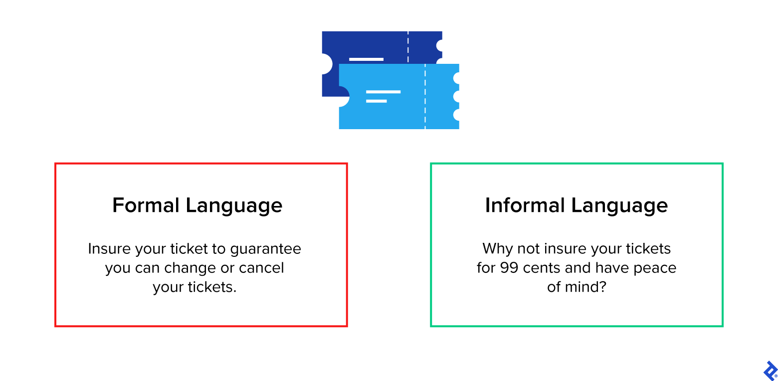 Formal language versus informal language demonstrates the effectiveness of tone for a ticketing insurance agency.