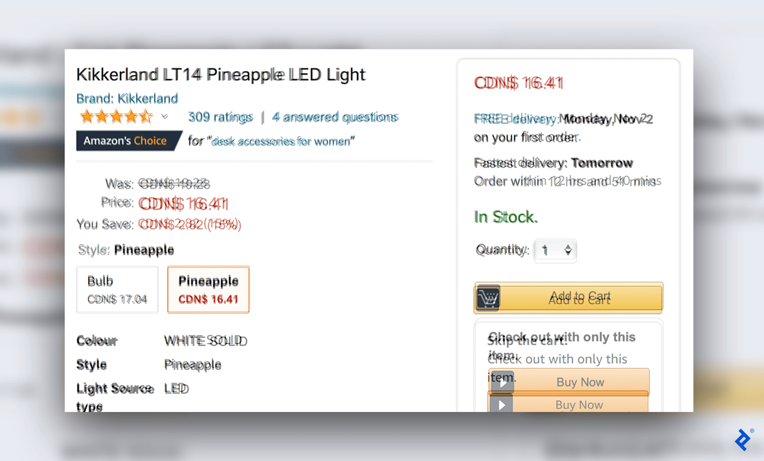 The same Amazon product listing page on a PC and a Mac overlaps to show the slight browser differences.