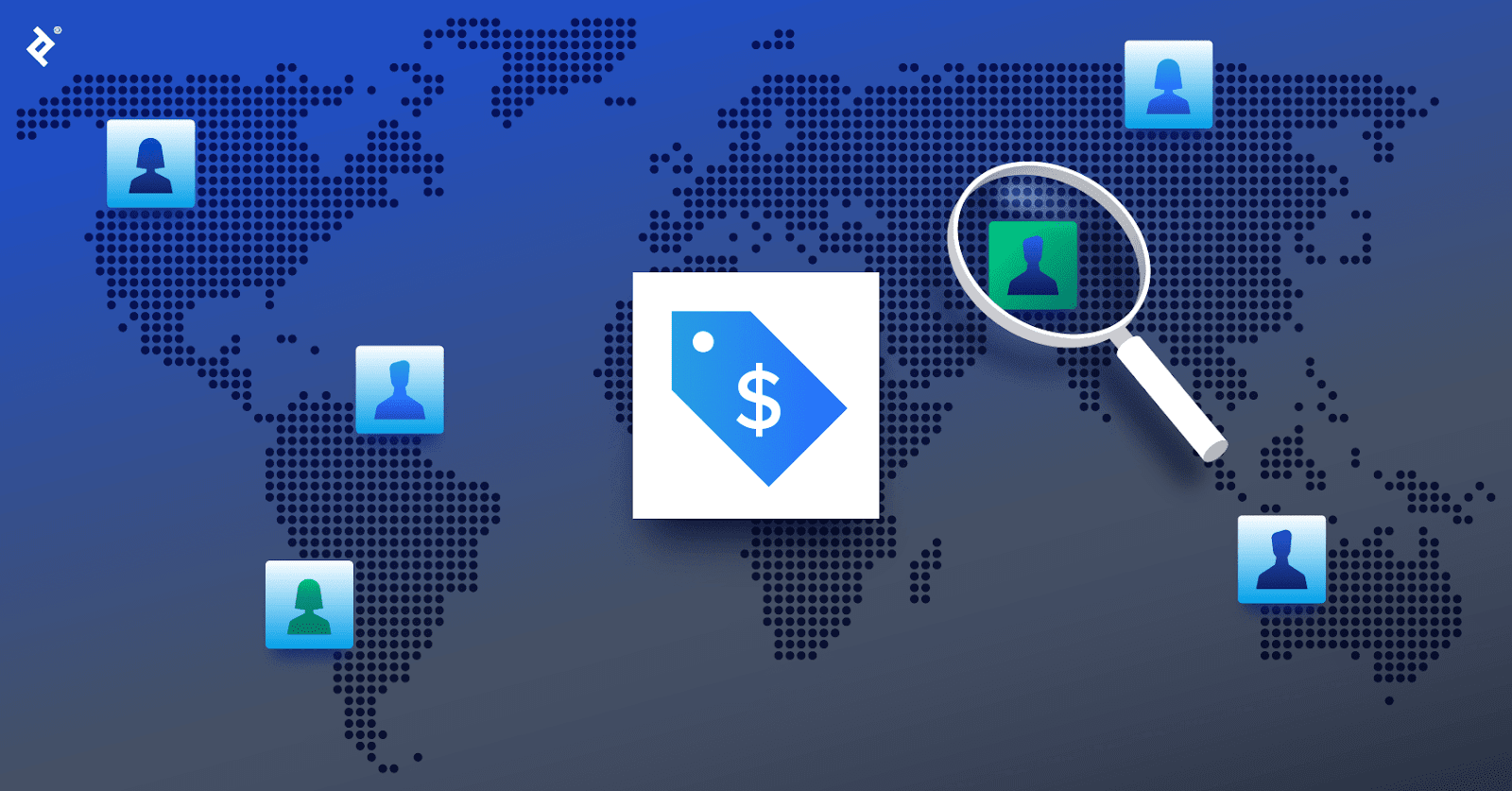 A large price tag over a global map, with blue client icons in various locations and a magnifying glass over a green client icon.