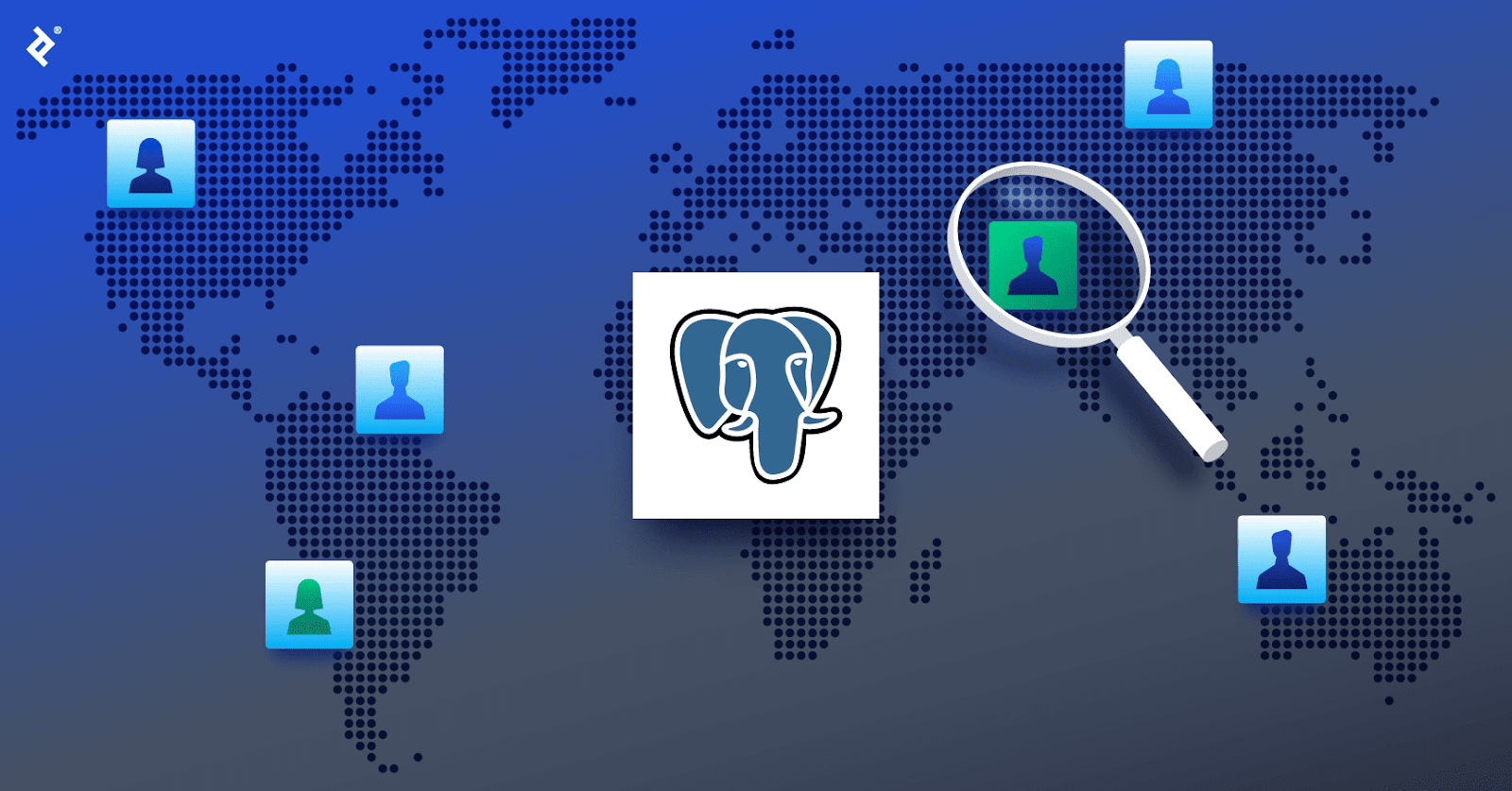 The PostgreSQL logo over a global map, with blue developer icons in various locations and a magnifying glass over a green developer.